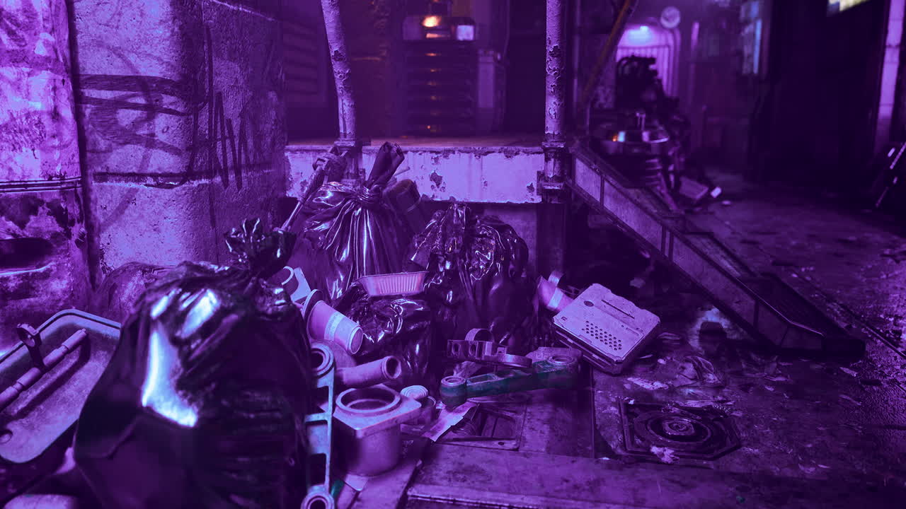 Urban environment shows discarded waste in neon lit alley at nighttime