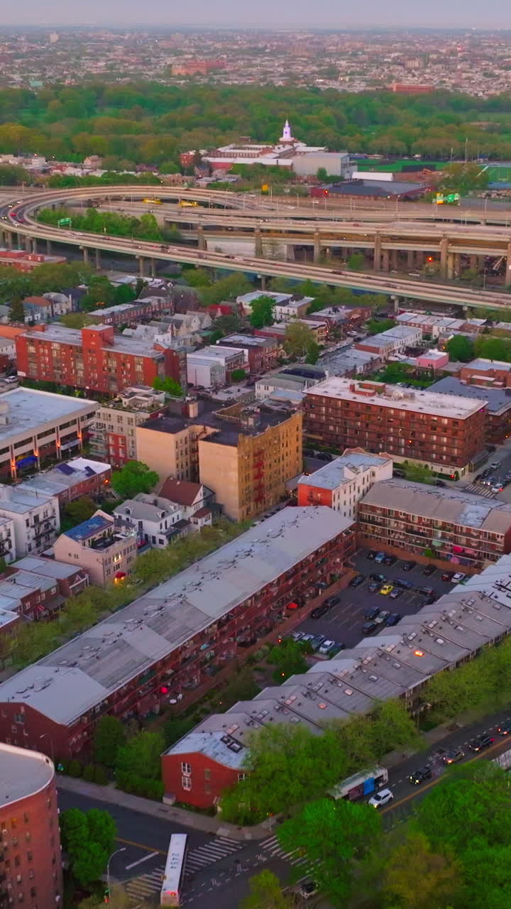 Residential area in New York city. Numerous roads and motorways crossing the neighborhood. Vertical video