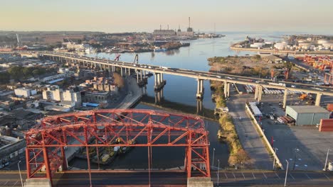 Aerial-of-bridges-and-seaside-neighborhoods-in-La-Boca,-Buenos-Aires