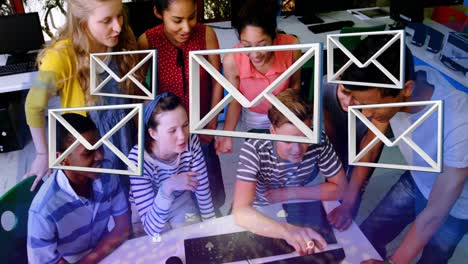 envelope and forms animated over school team working.
