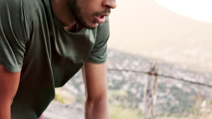 Fitness, man and watch in running start checking