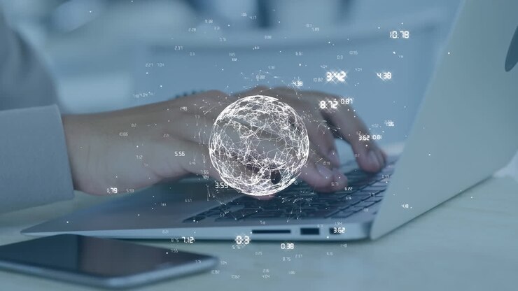 Animation of globe of network of connections against mid section of a man using laptop at office