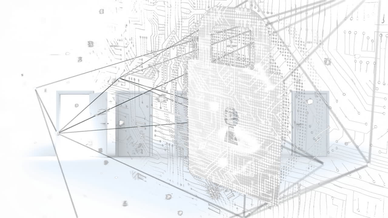 анимация фигур, серверов и цифрового замка на белом фоне