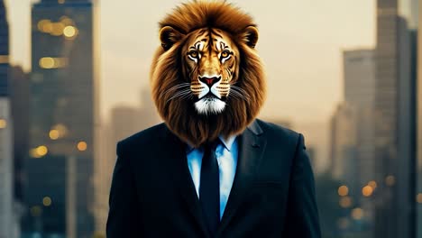 lion man in suit stands in a cityscape