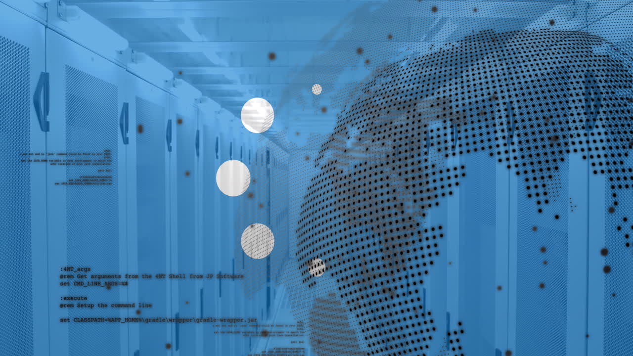 Animation of computer servers, data processing over globe with connections and icons