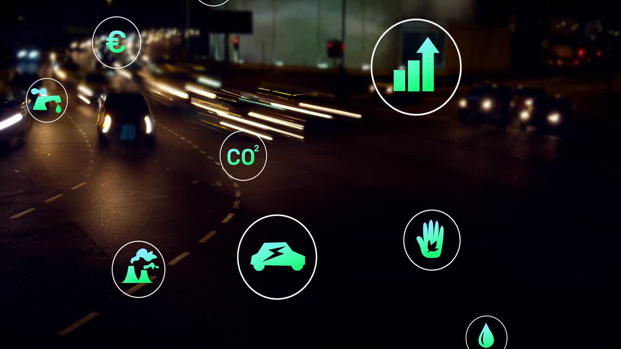 Vehicle light streaks starting icons drifting inward, pulsing and showing green urban metrics