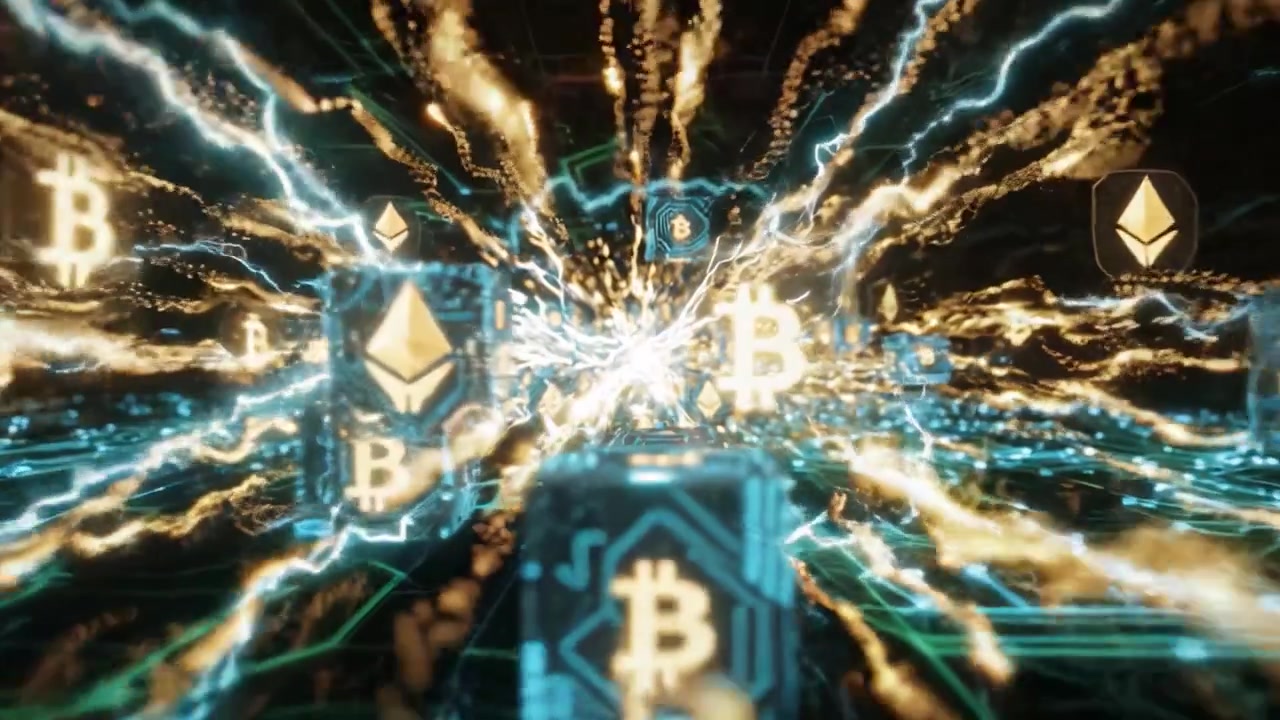 Et futuristisk digitalt rige, der eksploderer med kryptovaluta-symboler og indviklede kredsløbsmønstre, der oplyser det virtuelle landskab.