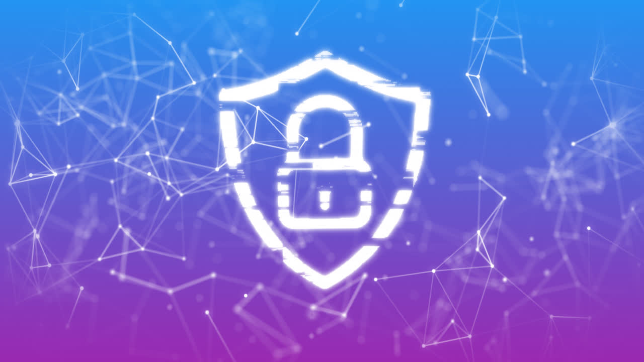 animación del icono del candado y la red de conexiones sobre fondo azul