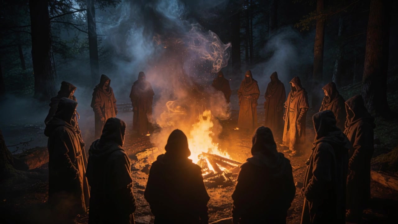Stående klædte figurer på en skovlysning reagerer på stigende ild og krøllende røg under et ritual.