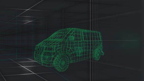 animación de un modelo de coche 3d sobre una cuadrícula sobre un fondo negro.