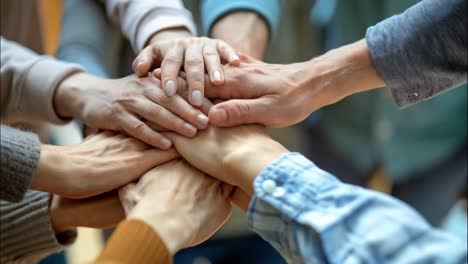 Team of senior people stacking hands together in unity, camera panning slowly, video shot