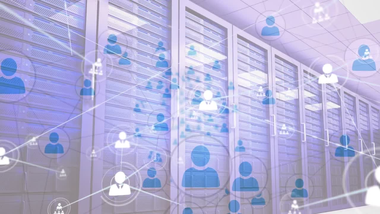 animación de servidores informáticos con iconos y red de conexiones.