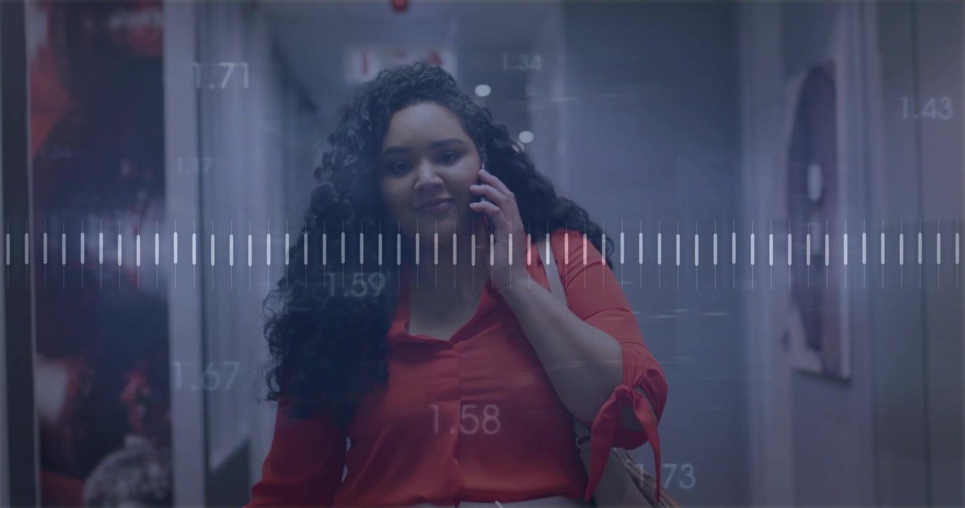Walking woman in red top answering incoming call on phone through corridor with tote and waveform