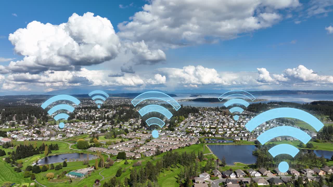 símbolos wifi azules que aparecen en los vecindarios suburbanos de américa