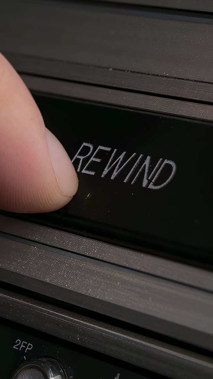 Vertical video: Approaching finger pressing REWIND button on deck to rewind tape showing 2FP face
