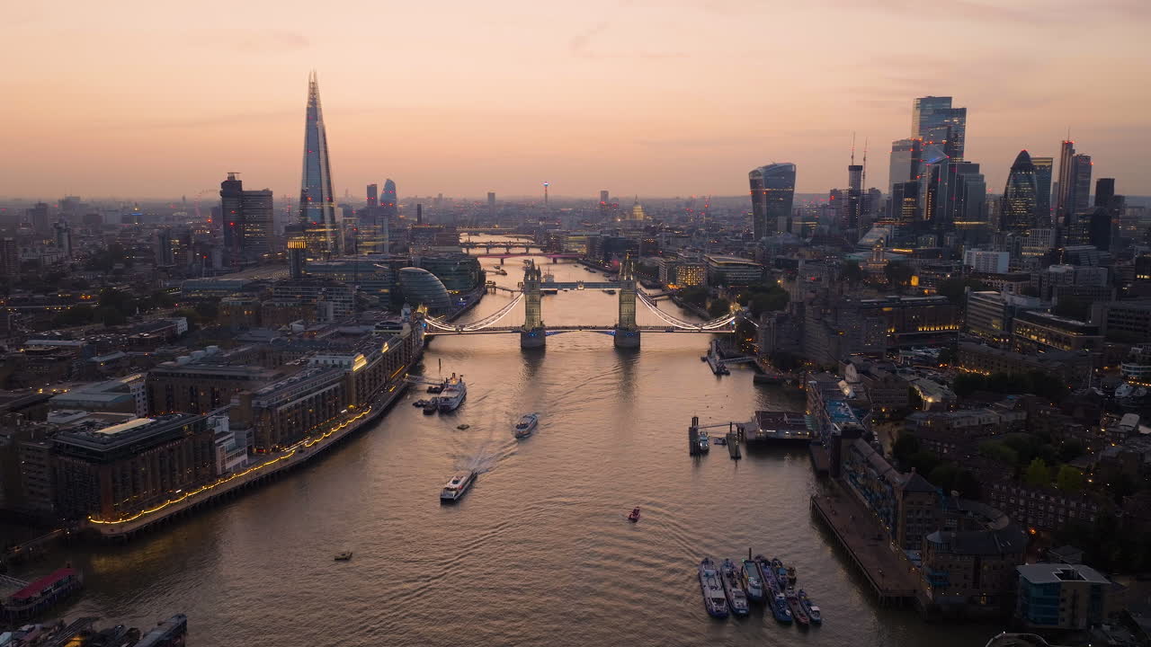 London Skyline at Sunset, Aerial View of Tower Bridge