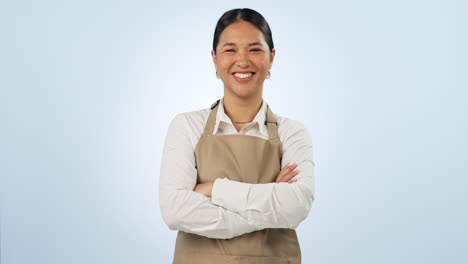 woman, waiter and face with arms crossed of small