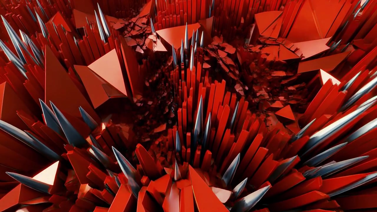 Abstract 3D Animation of Red and Silver Geometric Spikes