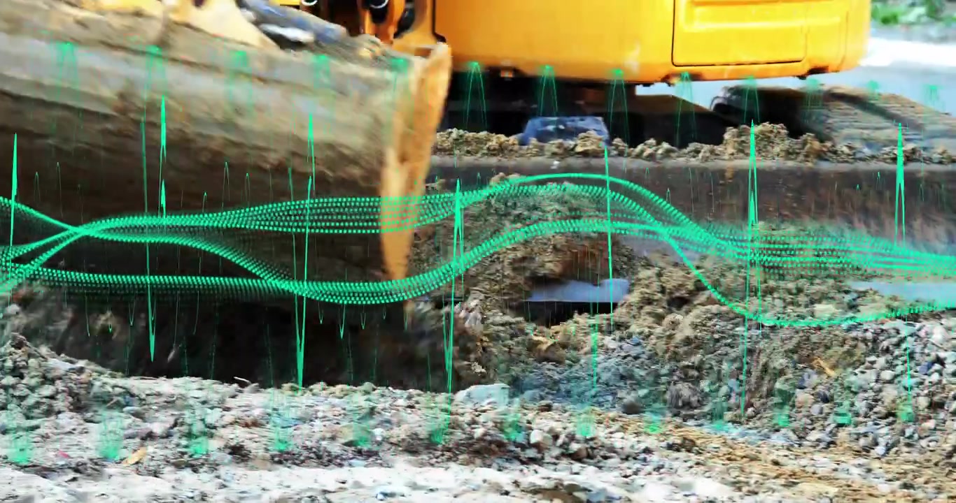 Excavator bucket contacting pile, scraping, lifting, compacting, teal waveform mapping ground