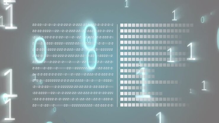 Animation af binær kodning og databehandling over blå baggrund