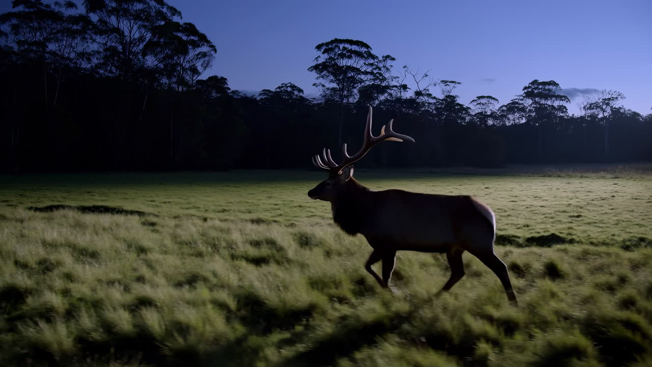 Majestic Elk with Antlers Walking Through a Grassy Field at Dusk