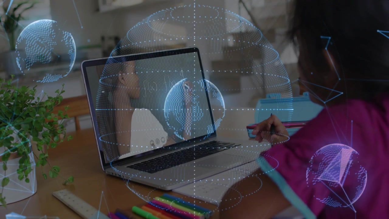 Girl following laptop teacher for learning, choosing pencils and drawing, dotted globes over desk