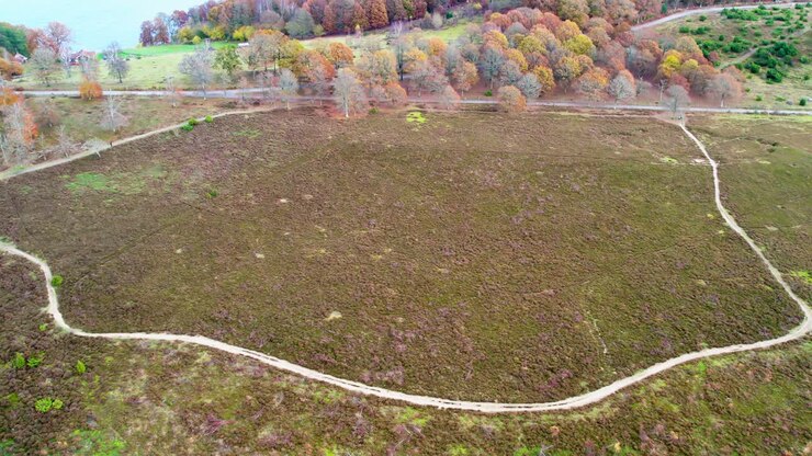 Aerial drone shot of hiking trails winding through wetland landscape and open heath area at Fjaras Bracka nature reserve in Sweden