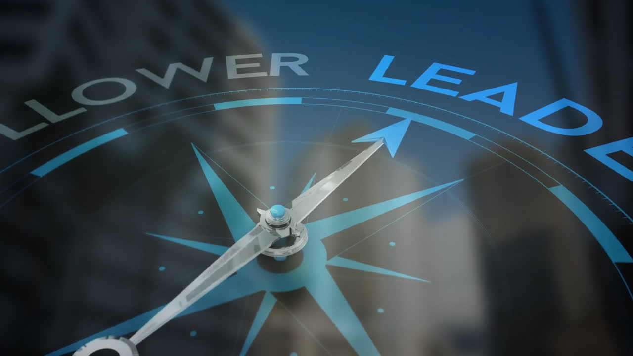Animation of compass with follower leader text over city
