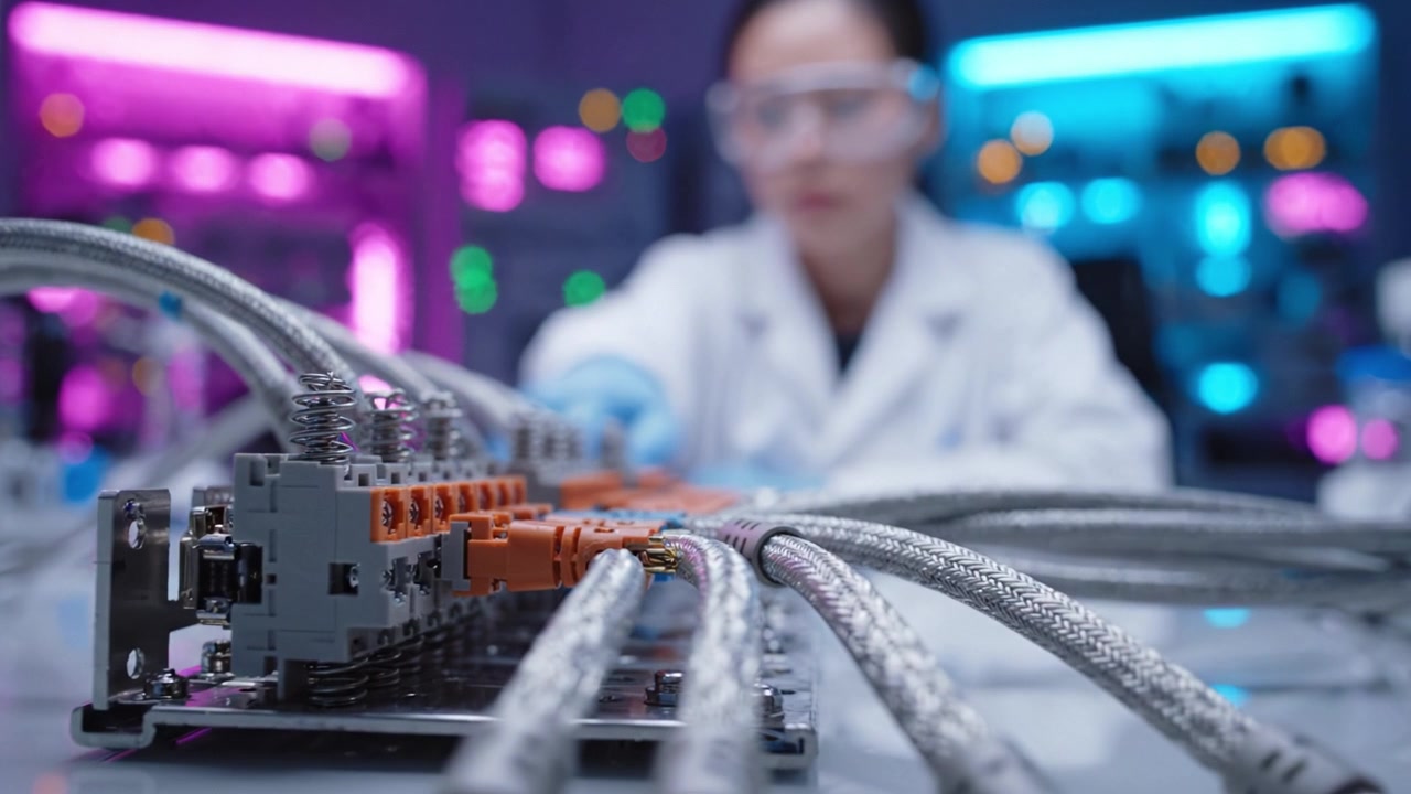A Scientist Engaged in Advanced Research with Cable Connections in a High-Tech Laboratory Environment, Focusing on Innovation and Electrical Engineering