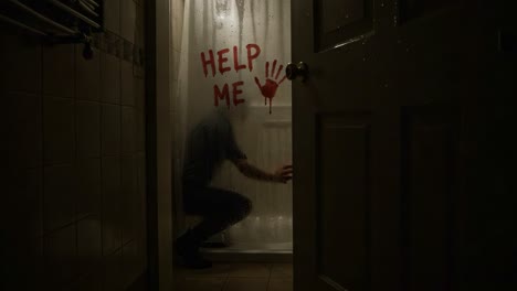 a disturbing scene unfolds behind a shower curtain with a gripping message of distress, capturing a moment of desperation and fear in an enclosed bathroom space