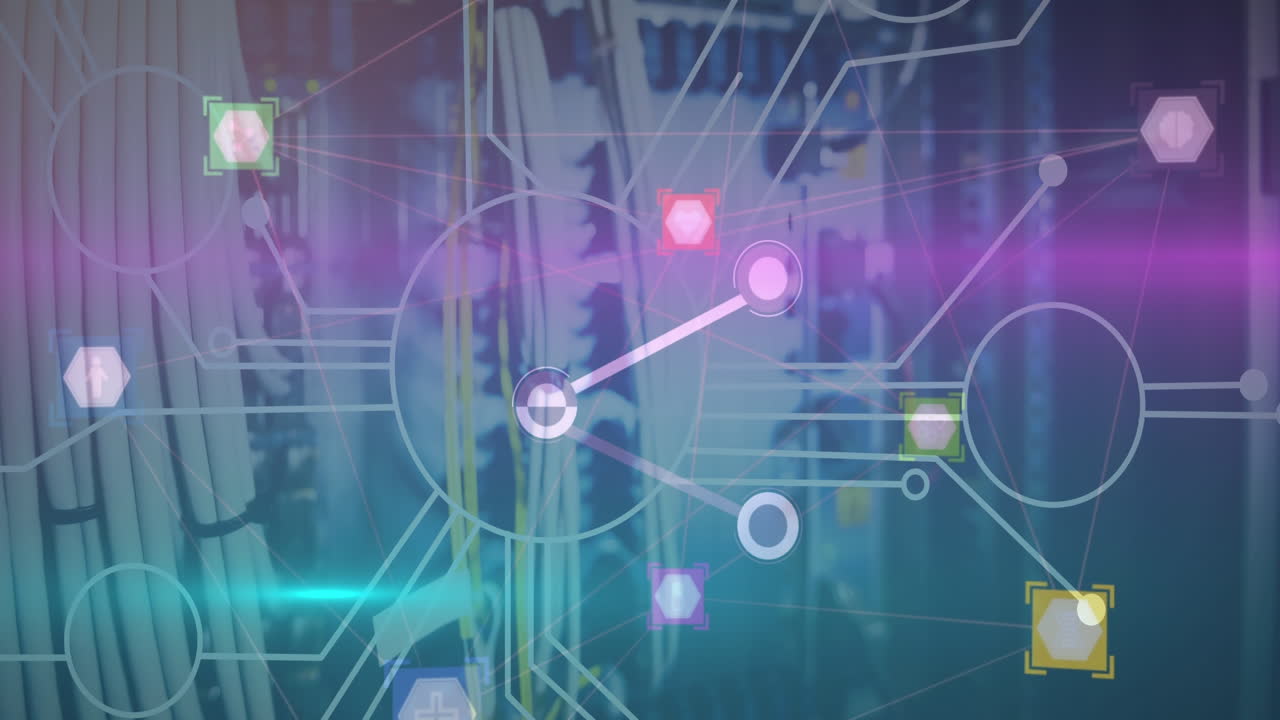 컴퓨터 서버의 클로즈업에 대한 디지털 아이콘 네트워크의 애니메이션