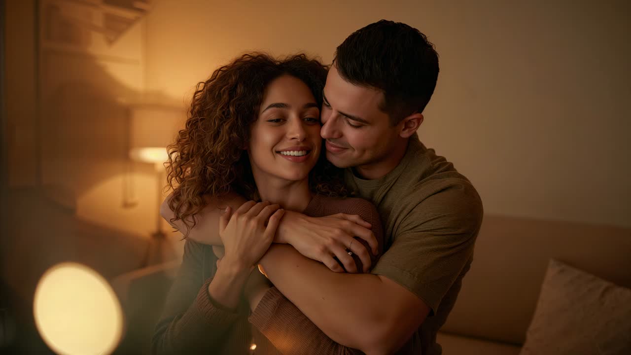 Wrapping man in olive-green shirt holding woman in knit top on living room sofa, seeking comfort