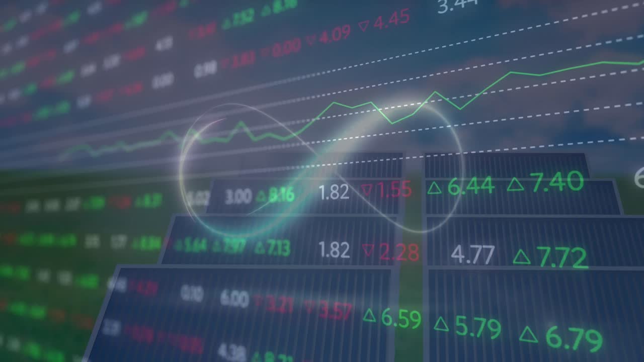 하늘을 배경으로 초록색 필드에서 태양 패널 위에 무한 상징과 무역 보드의 애니메이션