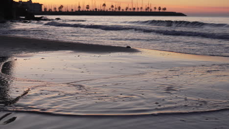 el horizonte dorado se refleja en las aguas costeras que se lavan en tierra mientras un hombre cruza la línea de la playa