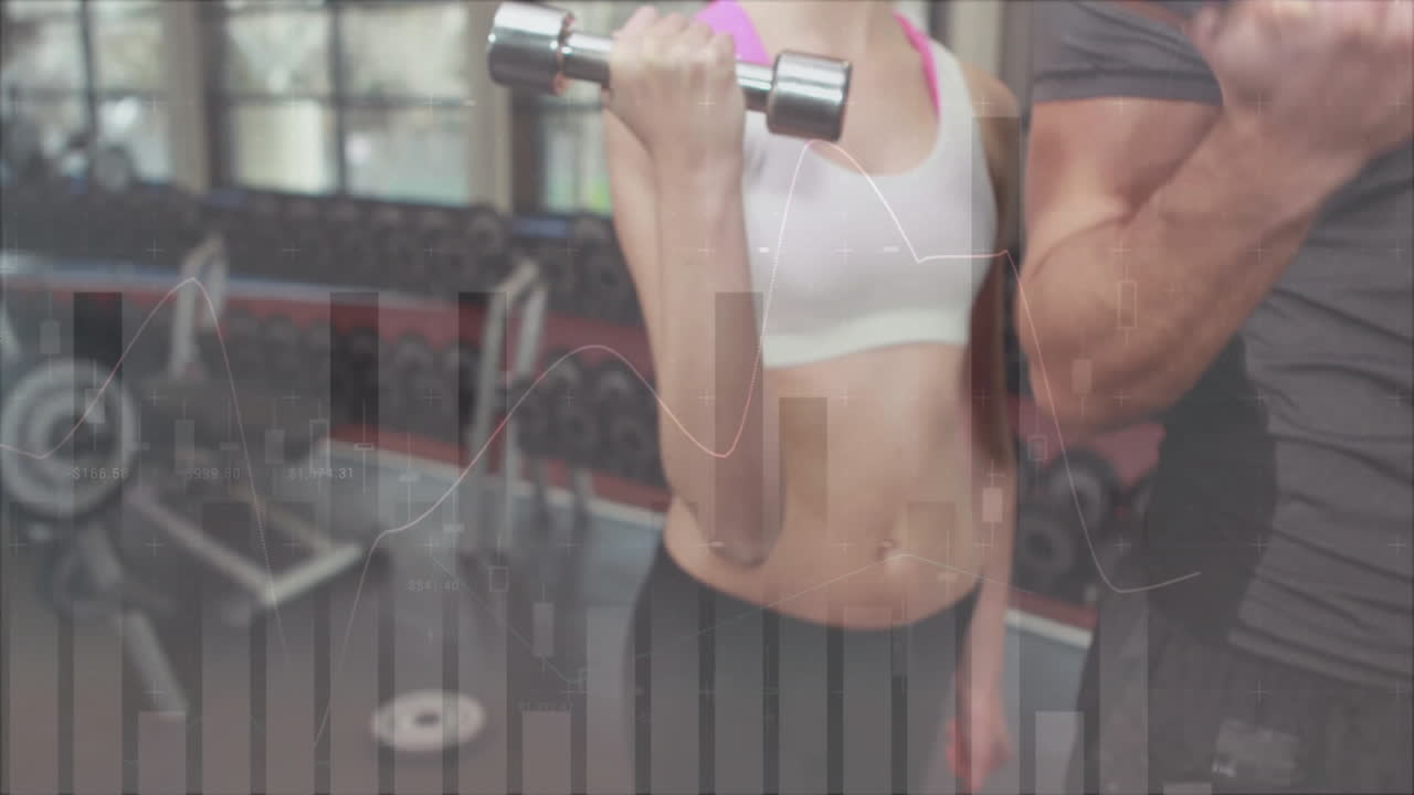 Analyzing fitness data animation over people exercising in gym