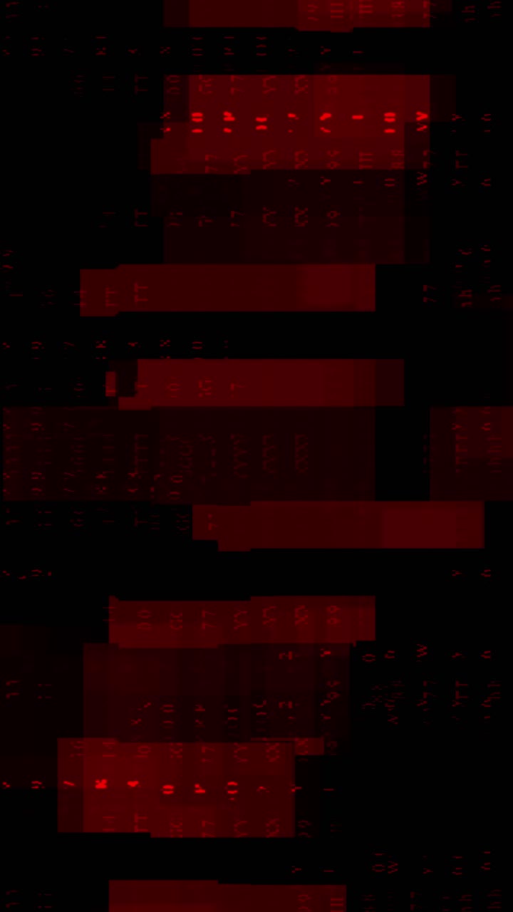 Vertical format seamless loop of a cyber attack background with red glitching blocks and code on black background