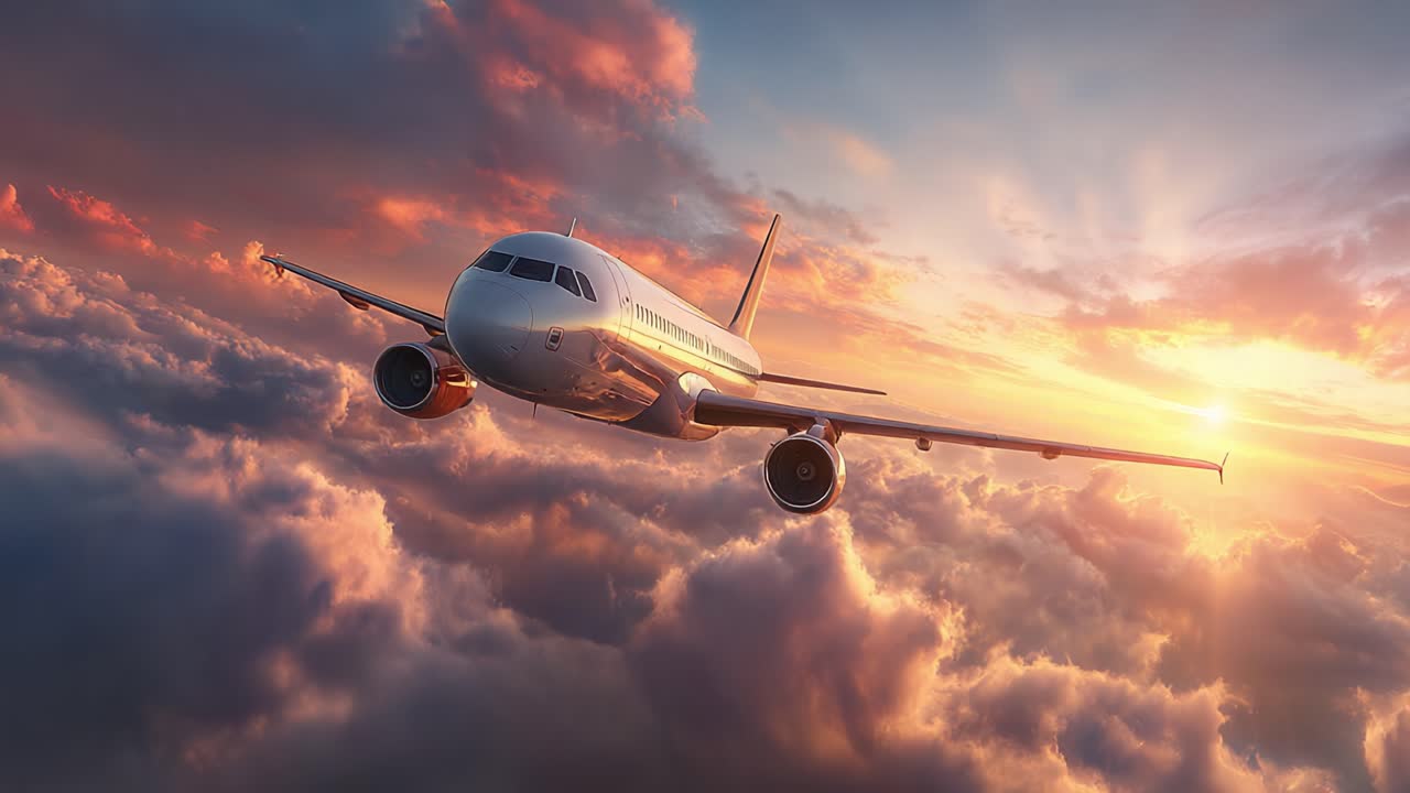 Um avião voa graciosamente entre nuvens coloridas ao pôr do sol, capturando a beleza do voo e da natureza em uma impressionante paisagem aérea no céu