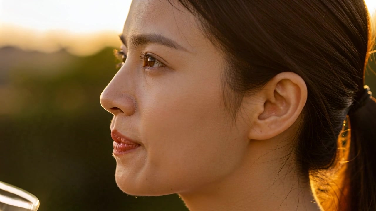 Merasa haus, wanita Asia dewasa mengangkat gelas bening dengan tangan kanan, menyeruput di luar ruangan untuk menghidrasi