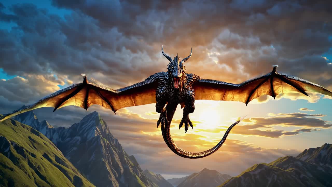 Aerial view of a dragon soaring over mountains at sunset, showcasing fantasy elements