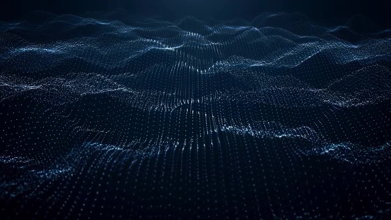 Dark Digital Particle Ocean Waves Forming Dotted Grid Terrain, Undulating Points, Deep Moody Tech Ambience,