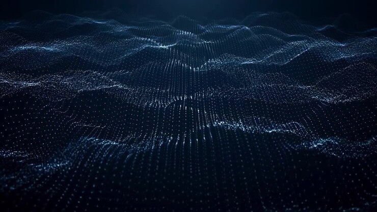 Onde oceaniche di particelle digitali scure che formano un terreno a griglia punteggiata, punti ondulati, atmosfera tecnologica profonda e suggestiva