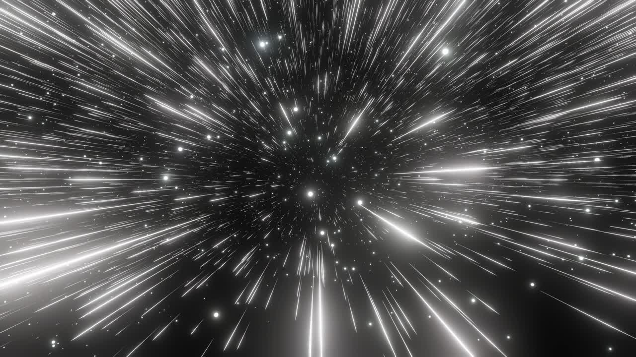 Abstrakt hyperspace-bakgrunn. Lysets hastighet, neonglødende stråler og stjerner i bevegelse. Hvit versjon. Beveger seg gjennom stjerner. 4k sømløs loop.