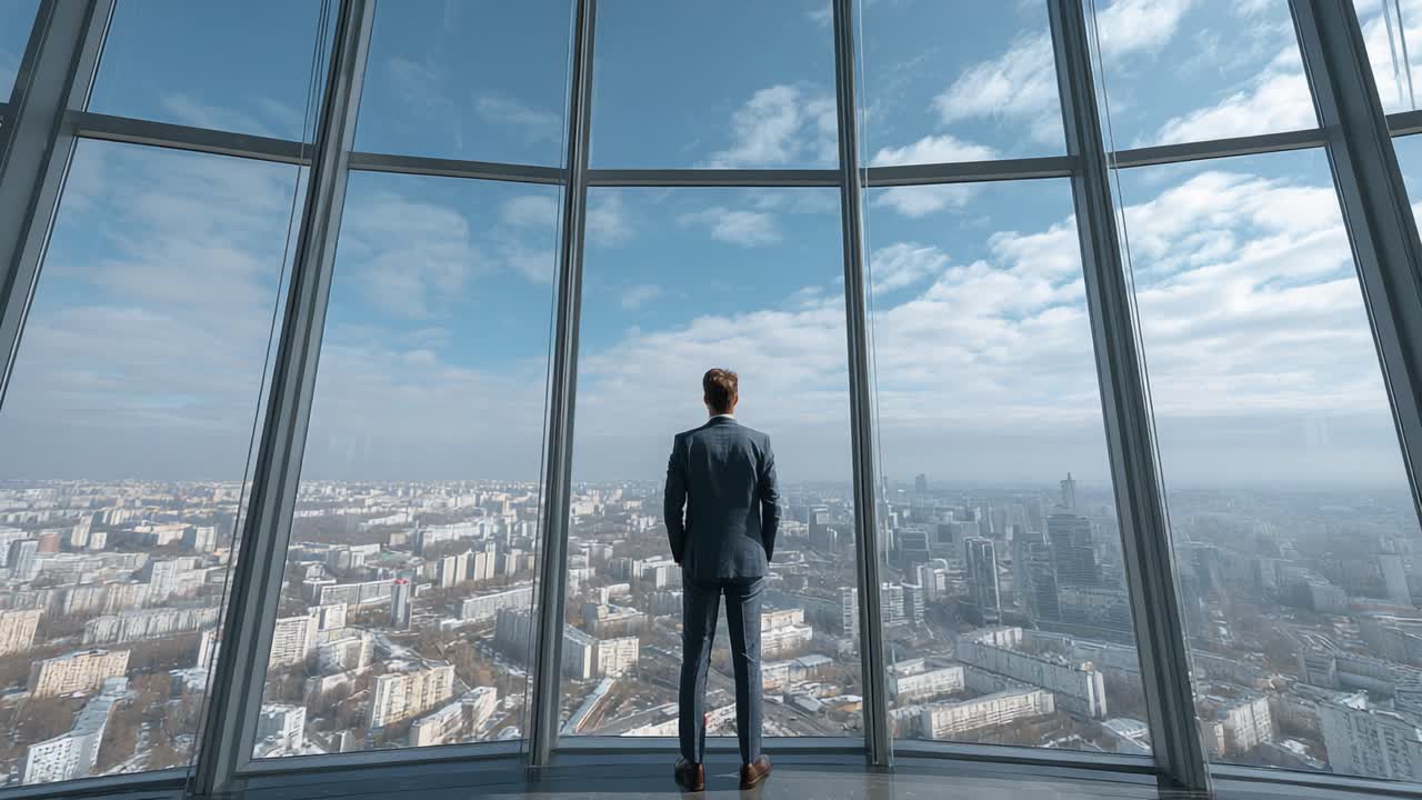 A Professional Gazes Out Over a Radiant City Skyline from a Modern High-Rise Building, Capturing a Moment of Reflection and Ambition Amidst Urban Splendor