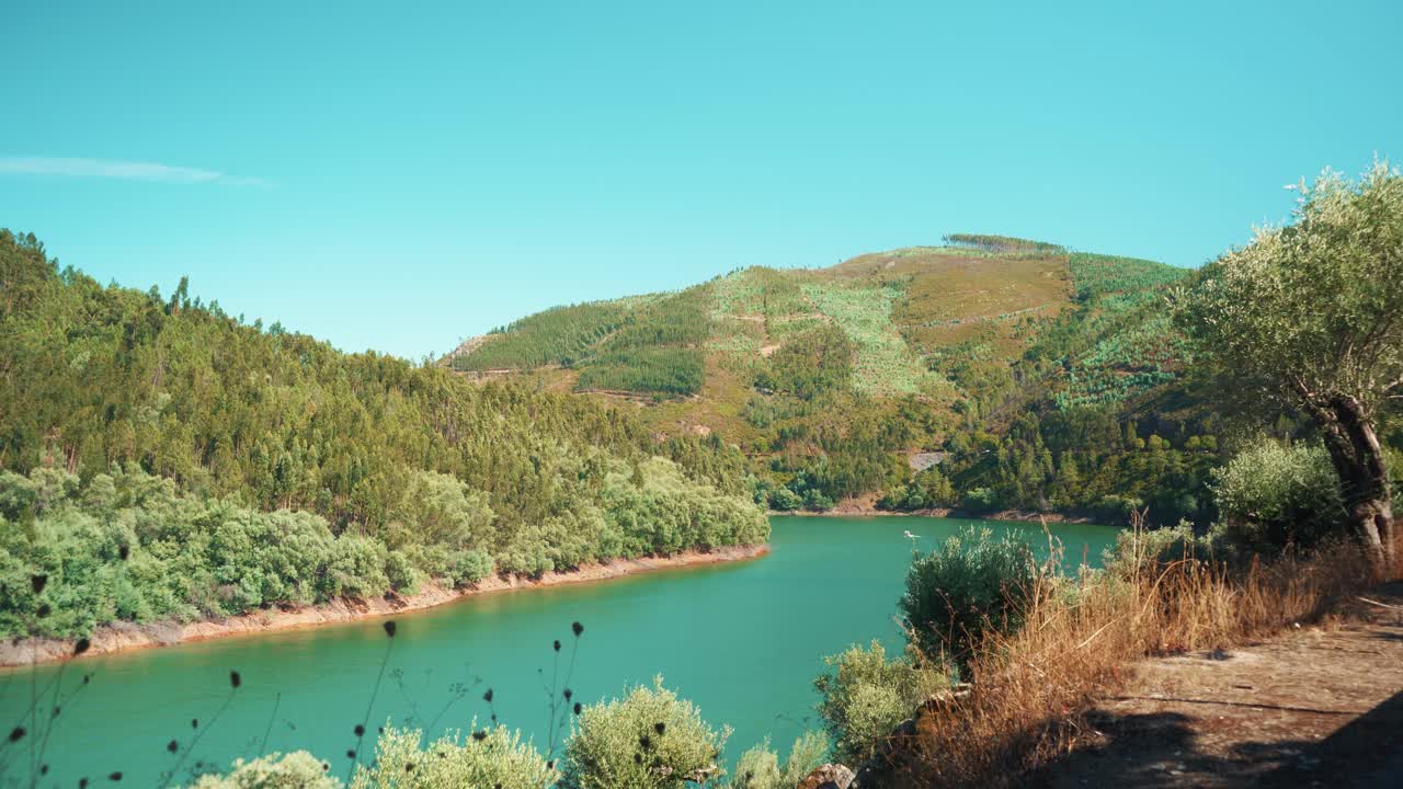 보트가 있는 시골 강은 활짝 열린 샷 4k에서 푸른 하늘 아래 햇빛 아래 여름에 산 언덕 사이에서 도망칩니다.