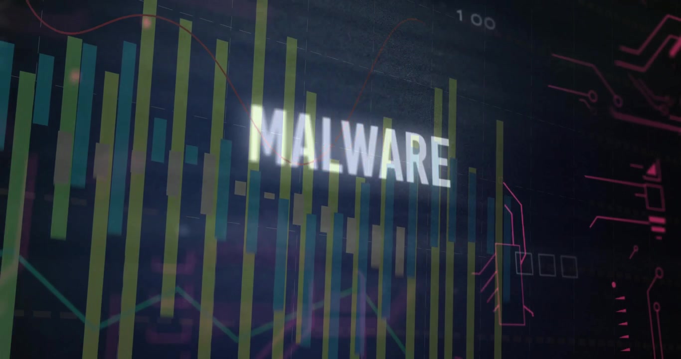 Cybersikkerheds-dashboard viser et glødende MALWARE-mærke over et søjlediagram med en rød linje og et binært gitter.