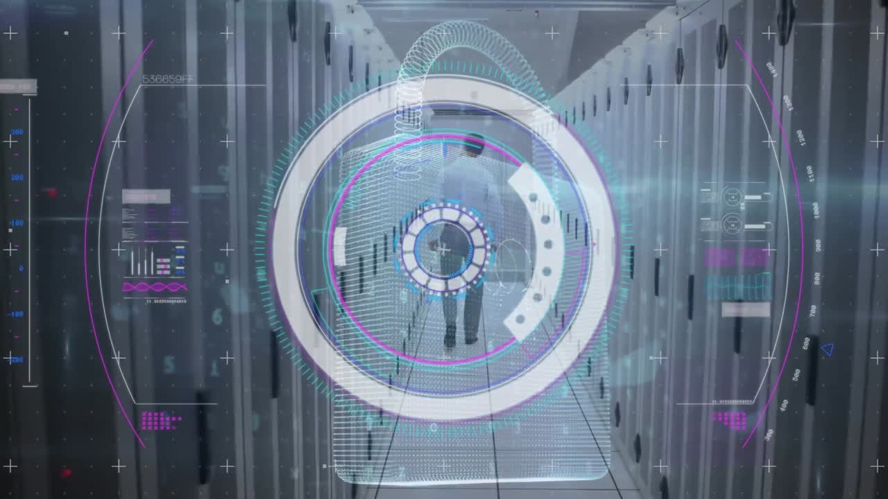 Animation of data processing over padlock and it male technician by computer servers