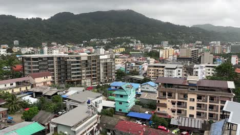 Aerial drone shot of Patong town Phuket city thailand early morning bangla road beach coast