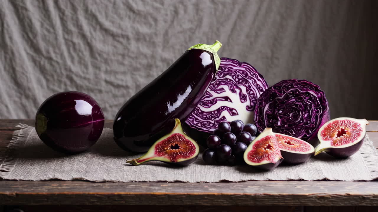 Still life arrangement of purple vegetables and fruits
