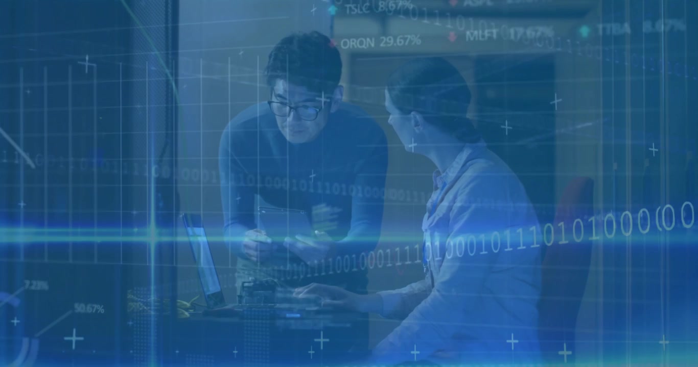Engineers calibrating circuit prototype in tech lab activating data overlays for diagnostic testing