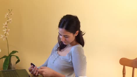 Smiling-woman-at-computer-sending-a-text-message